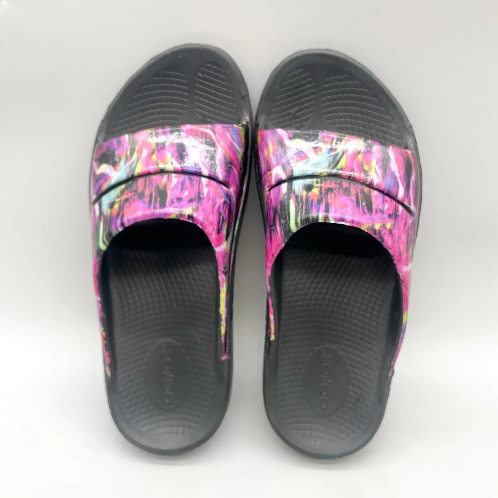 OOFOS Womens 9 OOahh Sport Recovery Slide Sandals Black Pink Nebula Yoga Comfort